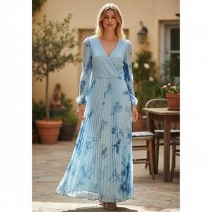 203. Light Blue Pleated Maxi Dress Long Sleeve V-Neck Wrap XL Boho Wedding Guest